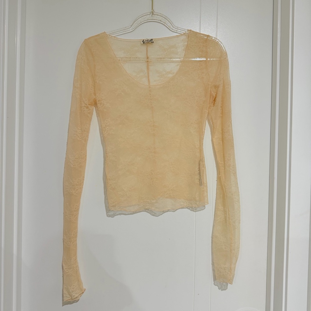 Free People Sheer Lace Long Sleeve Top in nude